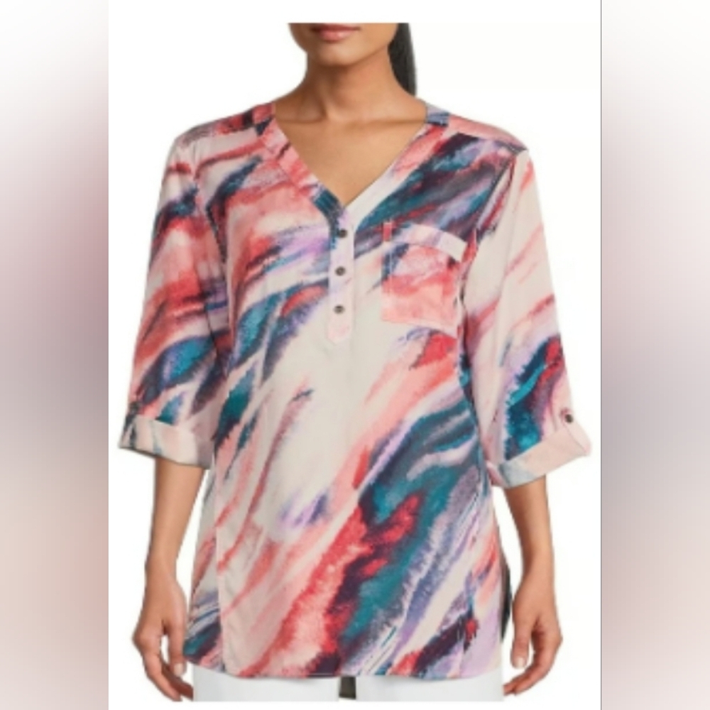 Westbound Woven 3/4 Roll-Tab Sleeve Y-Neck Extended Hem Pullover Blouse
